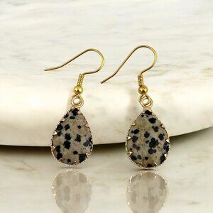 Dalmatian Jasper Teardrop Earrings Faceted Gemstone Gold Plated Ear Wires